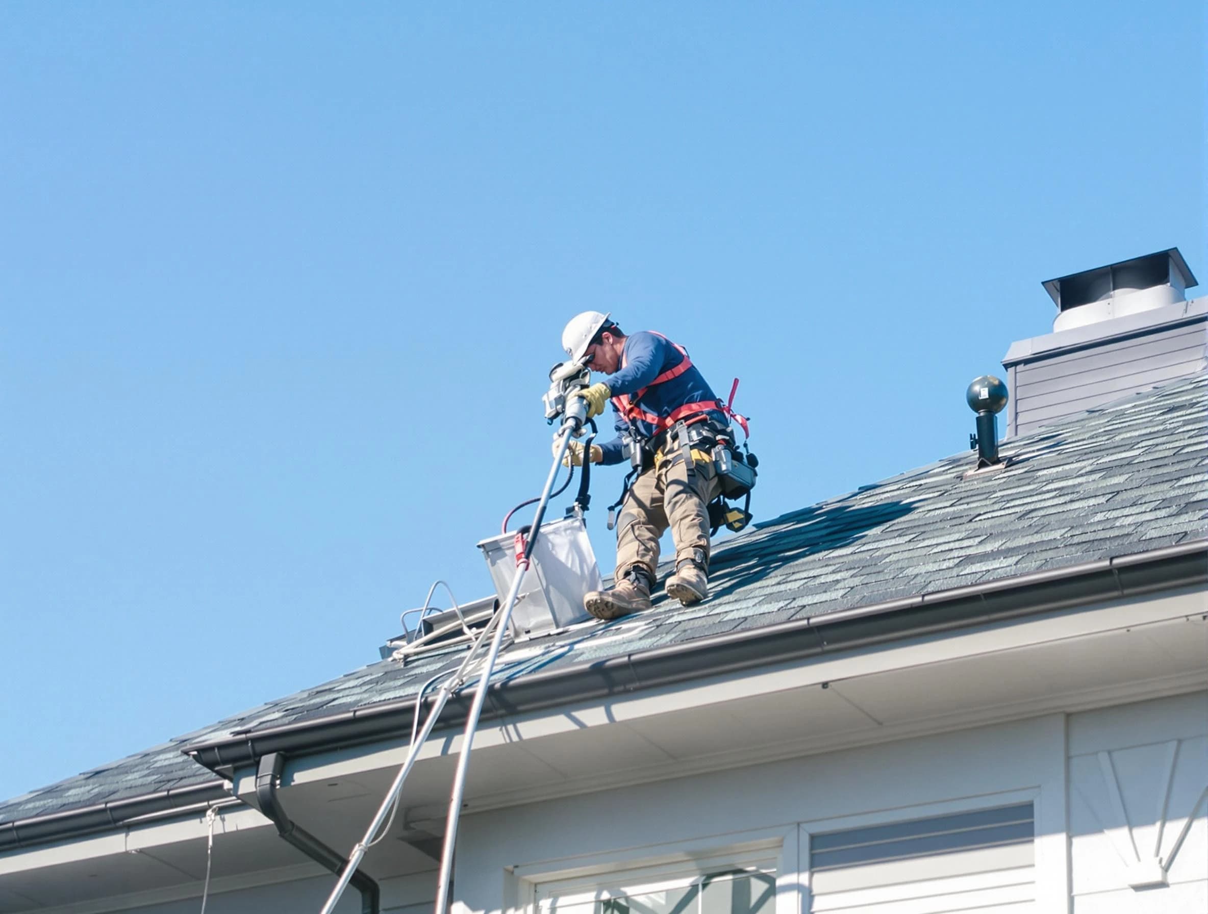 Senoia Dryer Vent Cleaning certified technician cleaning a roof-mounted dryer vent system in Senoia