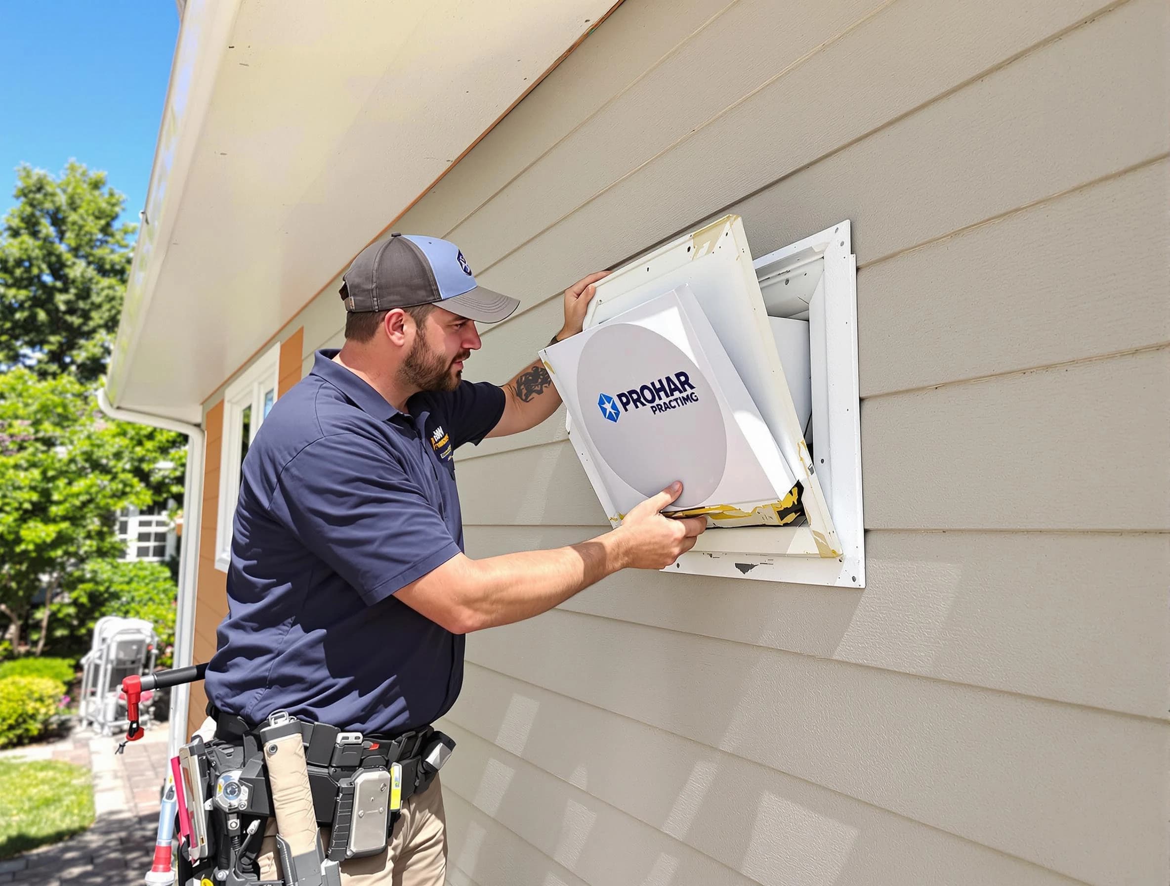 Senoia Dryer Vent Cleaning technician installing a new protective dryer vent cover on a home in Senoia