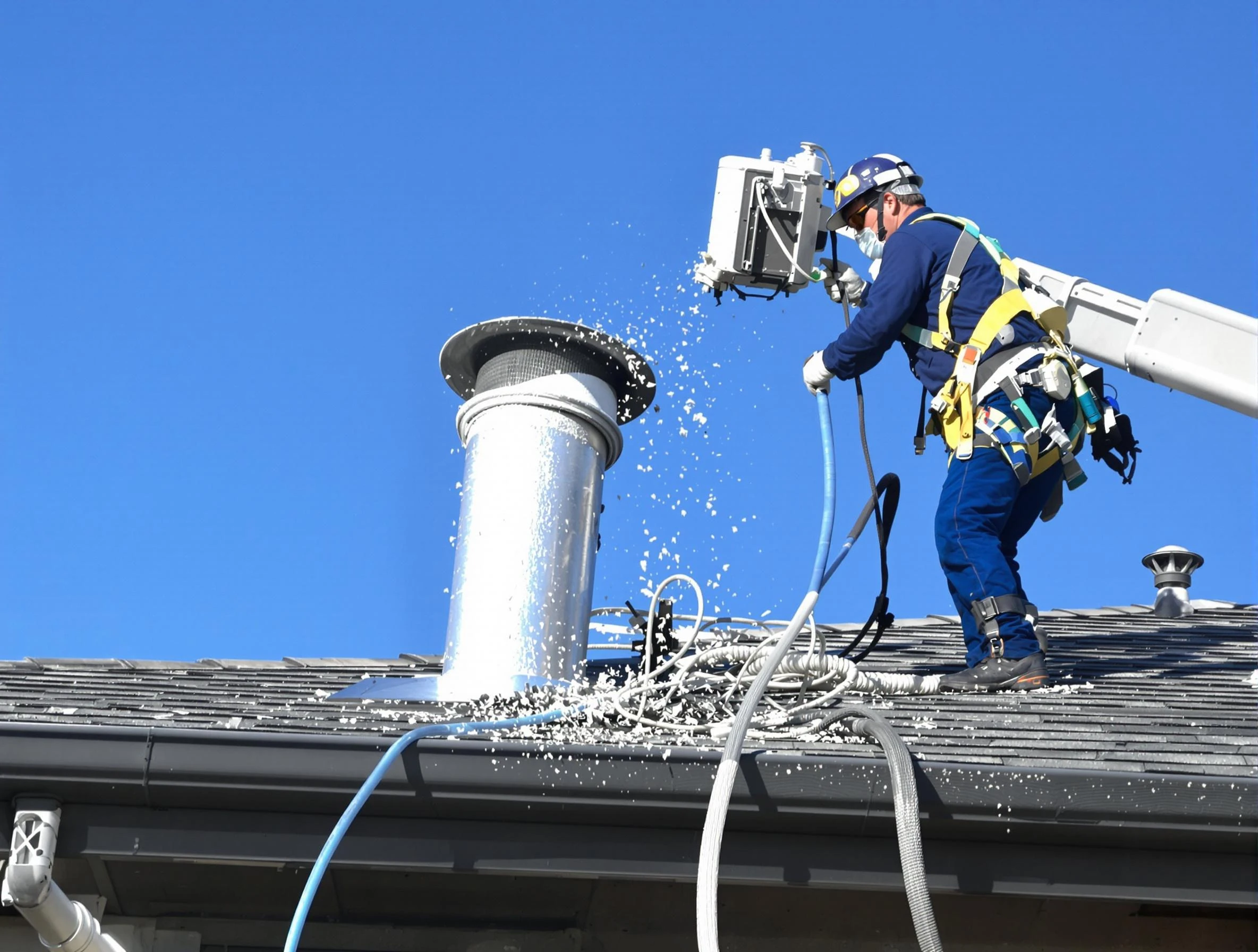 Senoia Dryer Vent Cleaning certified technician safely cleaning a roof-mounted dryer vent in Senoia