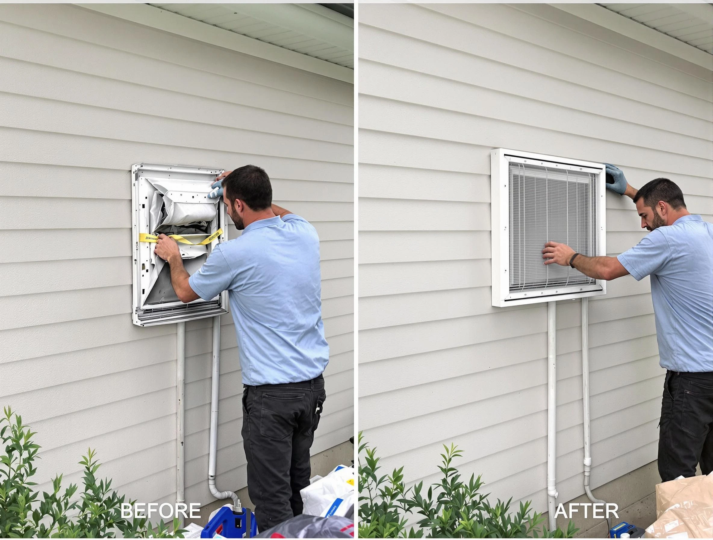 Senoia Dryer Vent Cleaning technician installing high-quality dryer vent cover at a residential property in Senoia